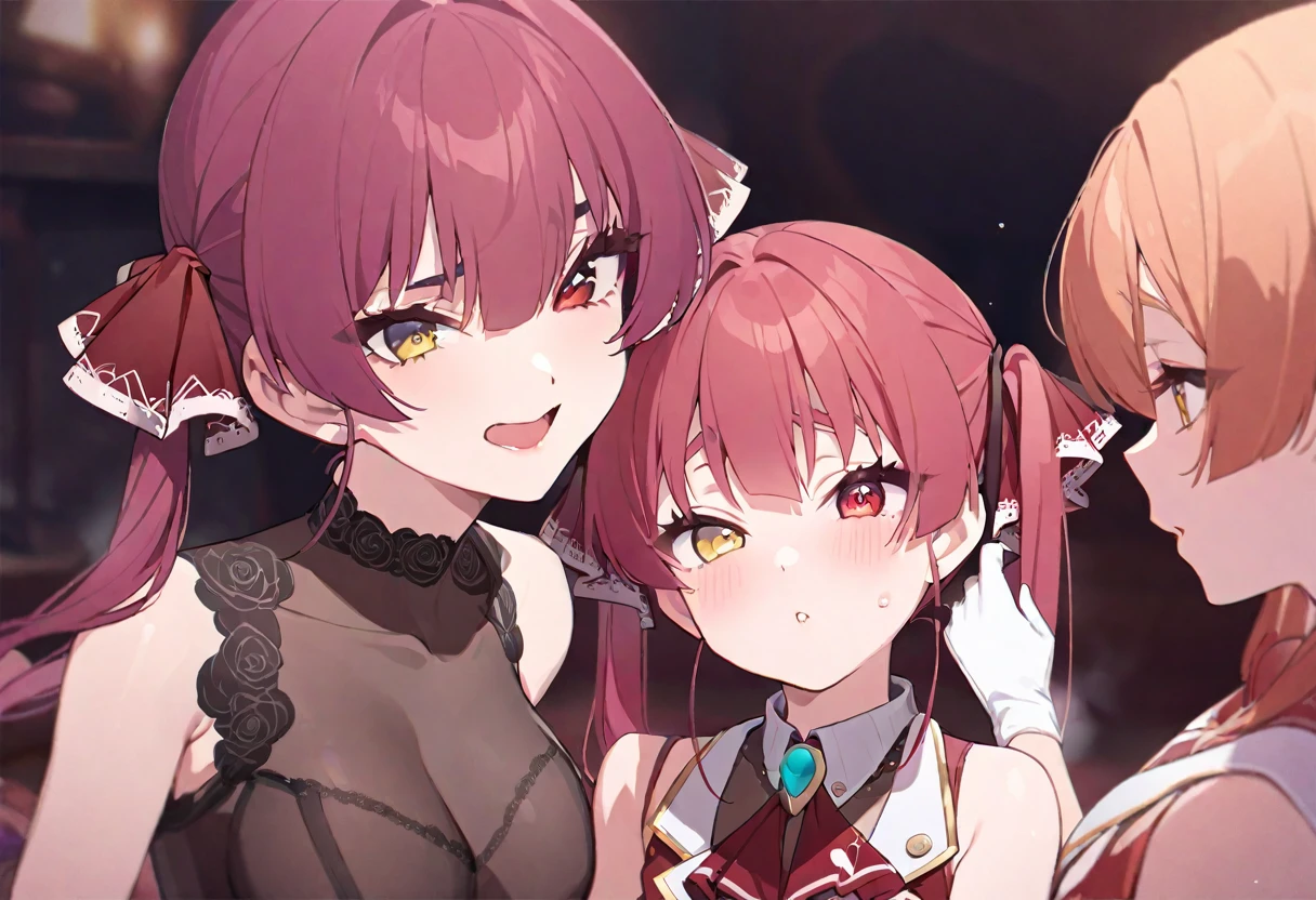 delicate、masterpiece、Highest quality、2 peopleの女の子、2 peopleだけ、2 people、virtual、Aquamarine、cute、(((Houshou Marine，cute、Redhead、Twin tails，distinct eyes，The left eye is yellow and the right eye is red.，Captain&#39;s sexy outfit,Haveは無し)))、(((minato akua、cute、Light blue and pink hair、低い位置にTwin tails、Curly Hair、ピンクのcute目、Cute sailor maid style outfit、Have)))、White Background、Flat Color、sketch