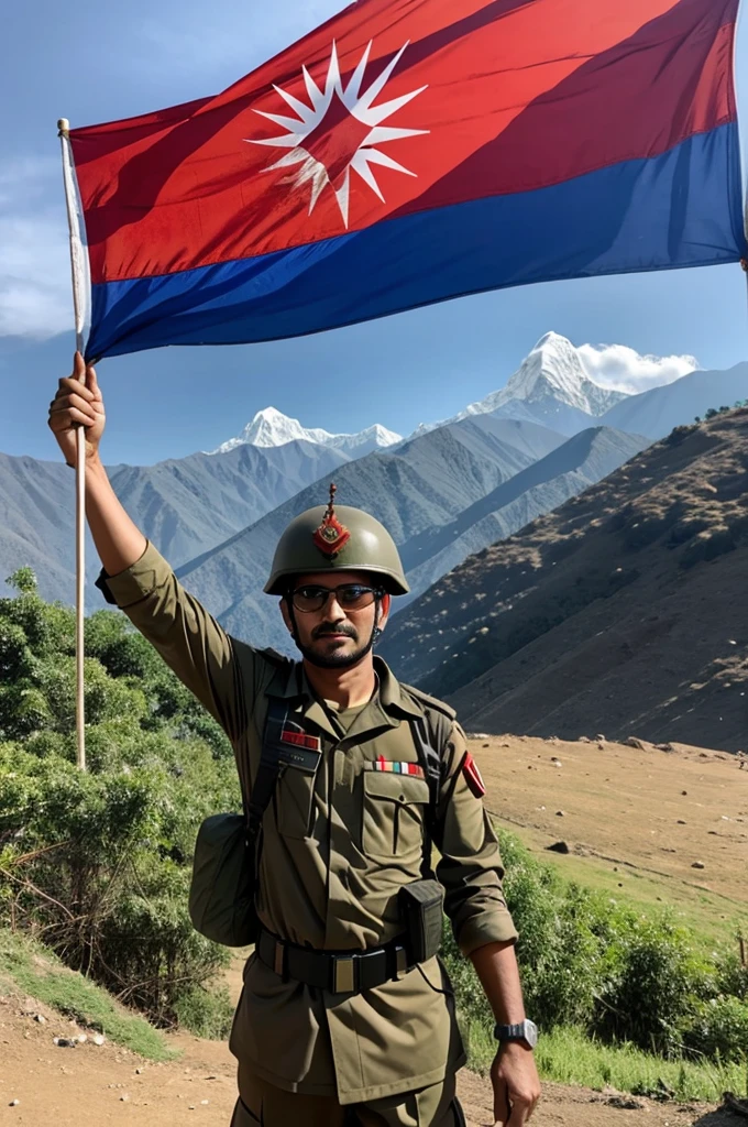Nepali flag holding nepali army and show nepali nature 