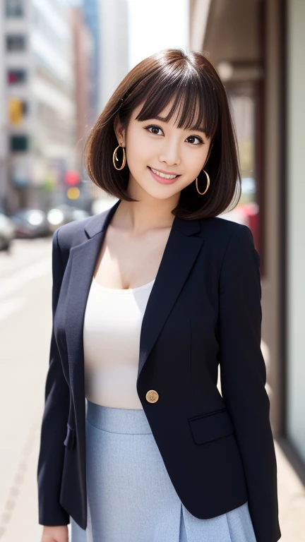 (masterpiece)、(Highest quality:1.5)、(Photorealistic:1.2)、(Surreal), (High resolution), (Realistic), (Post-processing),(Sharp focus), Sharp focus:1.2,Backlight, (Improvement of quality:1.4), Healthy thighs、(Narrow waist)、Big Ass、((Perfectly detailed five-fingered hands)),(Anatomically correct body)、((1 female:1.4))、Japanese、Realistic Skin、(Small chest:1.4)、Bust size is B cup、Pretty woman with perfect figure:1.4,(from the front:1.5), (Enhances the beauty of skin texture:1.1),No makeup、美しいBlack Hair、The best smile、Natural color lip、(Small Mouth:1.4)、(Oval Face)、Even bangs、Hide eyebrows with bangs、((29-year-old woman))、Bob Hair、Hair blowing in the wind, (Black Hair, Iris, Watery eyes, Shining Eyes, Bob Cut Hair, Small earrings,), Hair behind the ear、No makeup、(Drooping eyes)、Drooping eye corners、Photos taken by a professional photographer,1 girl, Cute Smile,whole body、(((One lovely woman)),((A big friendly smile)),(( Small breasts,Small breastsの谷間)),((((Plump Cheeks)))),((whole body:1.5)),A woman standing in the streets Ginza、Wearing a navy blue blazer、Wearing a white blouse、She is wearing a light blue Flared skirt、Wear pumps、The wind is blowing、A bag is hanging From the right shoulder、Balanced proportions、Small breasts、