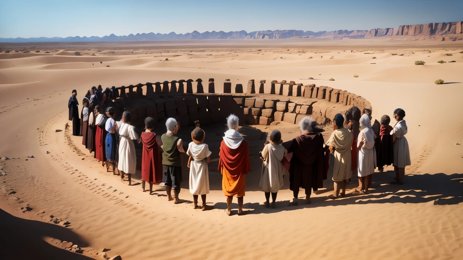 lots of kids in desert in ancient clothing, old age, wide angle, ancient times