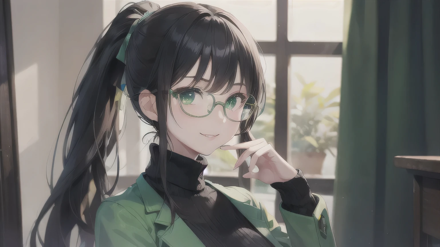Black Hair、Ponytail at the bottom、Glasses、One Girl,27 years old,Beautiful Face,Upper Body、Sharp focus,turtleneck、Serious smile、Green Eyes、sexy、Green clothes