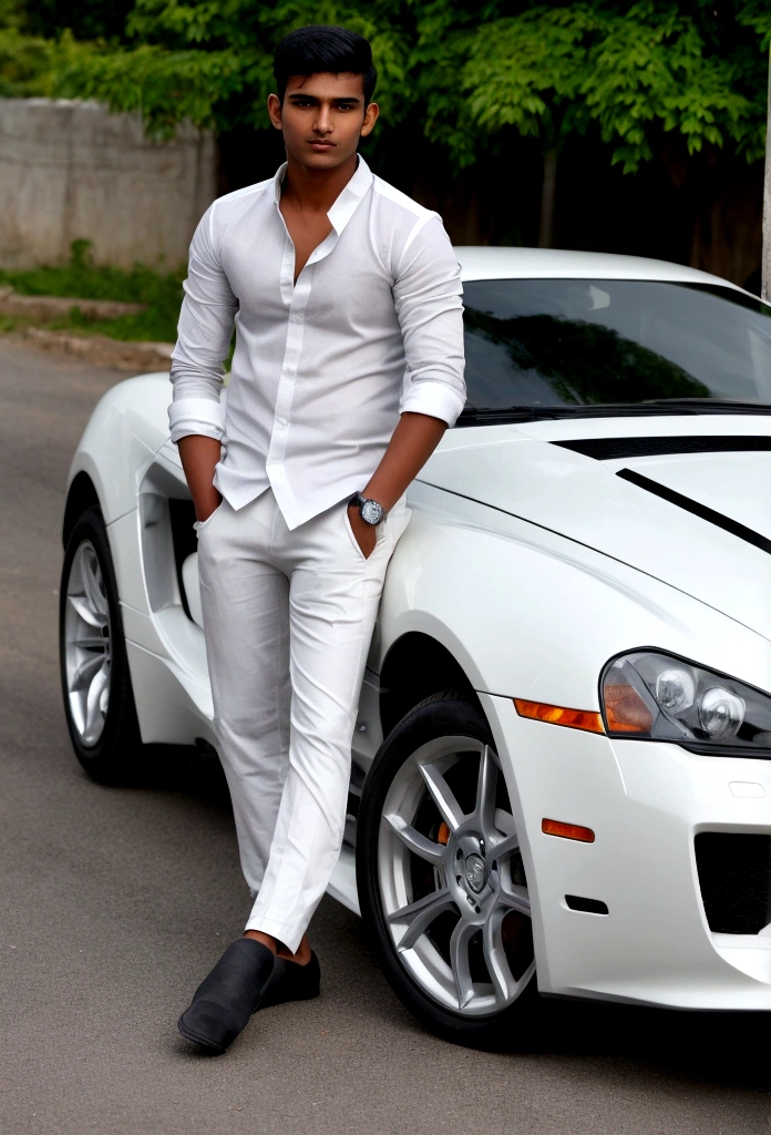 A 18 years old Indian bihari handsome man, white skin, black short hair, wearing white shirt gray pant, stand next to the sport car, motion blur, drop shadow, speed lines, 8k, 16k, 1080P, HD, highres, best quality, award winning, high quality, high details, super detail, anatomically correct