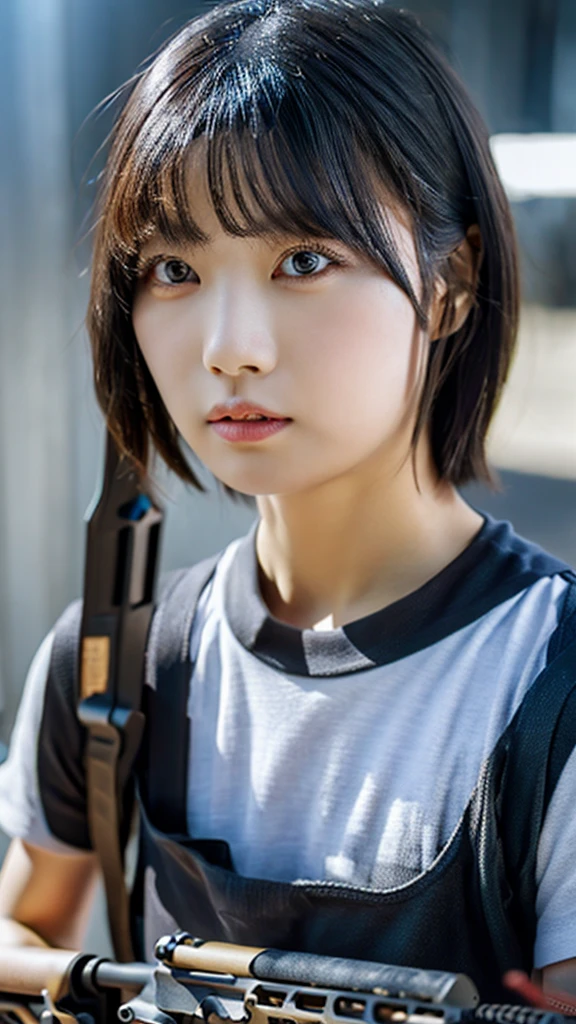 (8K,raw photo:1.2), detailed face and eyes, best quality, young girl, black straight short hair, long eyelashes, round face, ((holding assault rifle)), cowboy shot, natural lighting, street, cute, photorealistic, highly detailed, cinematic lighting, volumetric fog, hyper detailed