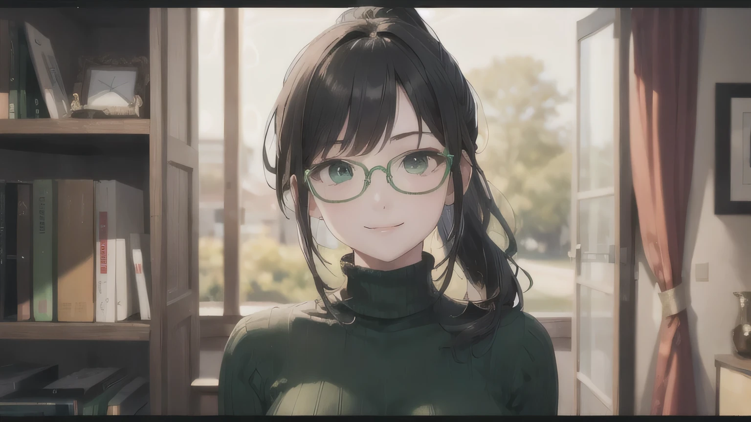 Black Hair、Ponytail at the bottom、Glasses、One Girl,27 years old,Beautiful Face,Upper Body、Sharp focus,turtleneck、Serious smile、Green Eyes、sexy、Green clothes