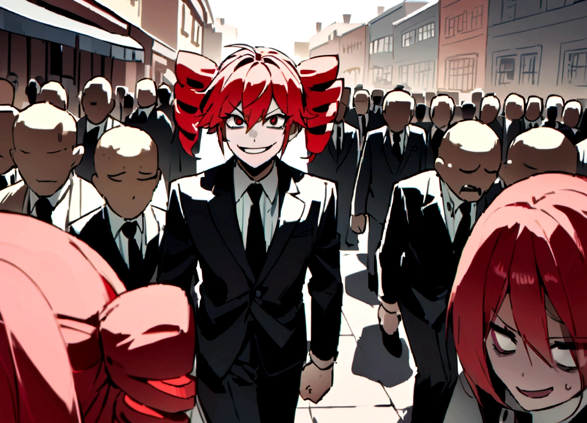 Red hair、Black suit、Black slacks、Wearing leather shoes、Have a hammer、Scary smile、In town、Daytime、a lot of people