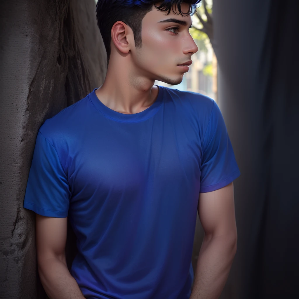 arafed young man in blue shirt standing in front of a tree, blue tight tshirt, violet coloured t-shirt, in tshirt, casual photography, photoshopped, male teenager, blue colored, modeling shoot, portait photo profile picture, with accurate face, color portrait, background blur, blue color bleed, modeling photography, colored photography, teenage boy