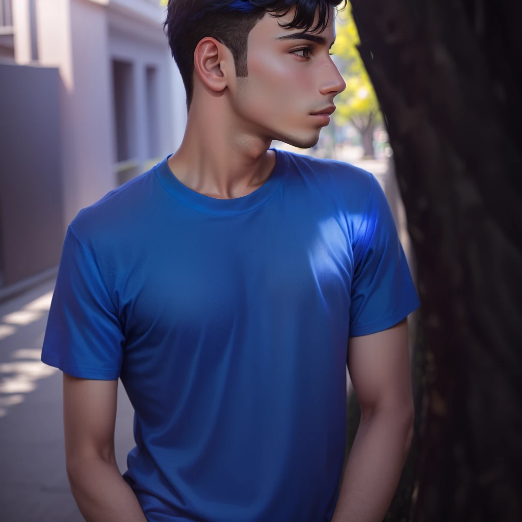 arafed young man in blue shirt standing in front of a tree, blue tight tshirt, violet coloured t-shirt, in tshirt, casual photography, photoshopped, male ager, blue colored, modeling shoot, portait photo profile picture, with accurate face, color portrait, background blur, blue color bleed, modeling photography, colored photography, teenboy
