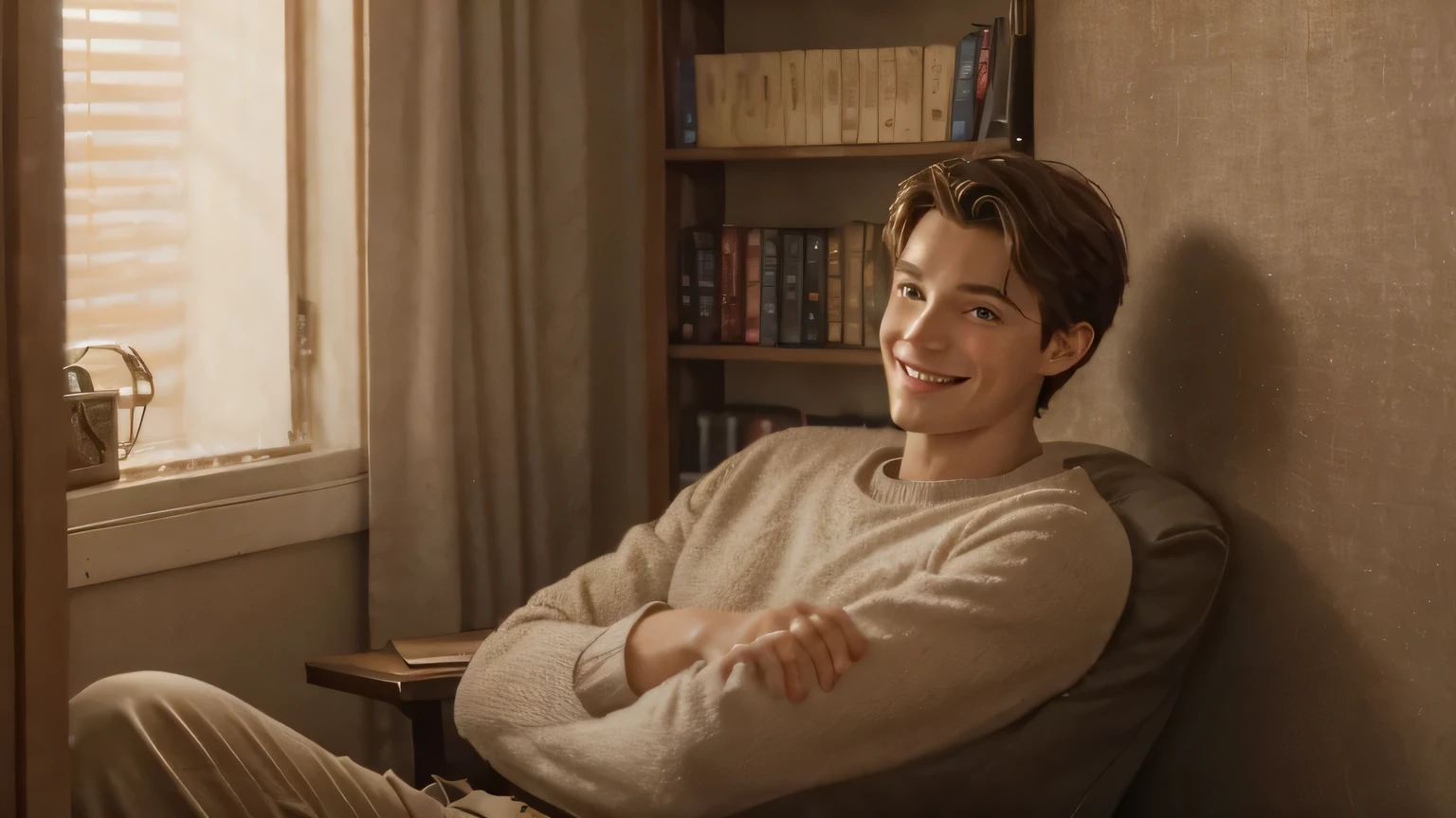A cozy, softly lit room with a warm, inviting atmosphere. Jacob is seated comfortably, looking into the camera with a smile, ready to share his story. A bookshelf with romantic novels and a few movie posters adorn the background, hinting at his love for romantic stories