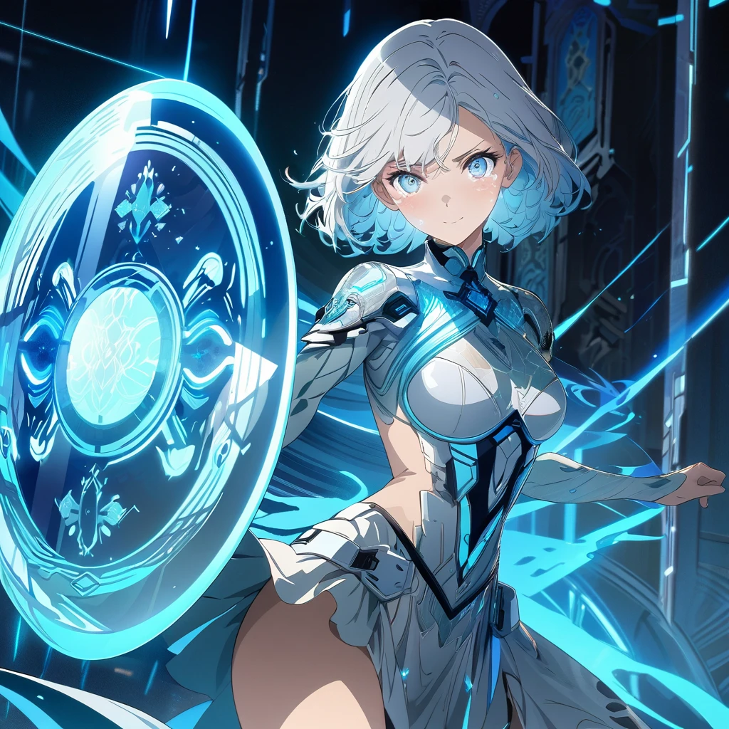 an image of a gentle girl with short, silvery-blue hair, wearing a futuristic fantasy, celebrity outfit with glowing blue elements. She has a kind expression on her face, characterized by soft, warm eyes and a gentle smile with relaxed features. She is generating a large, translucent energy shield that shimmers with blue light, protecting herself and an area around her. The girl should be in a dynamic yet gentle pose, with one hand outstretched towards the viewer as if she's directing the shield and the other hand resting gently by her side. Her stance is strong yet relaxed, with one leg slightly bent. The background is dark and dramatic, with hints of blue light and energy waves illuminating their figures. The shield should have intricate, glowing patterns, enhancing the sense of her power and gentle control, (nude:0.8), detailed gorgeous face| anime style| key visual| intricate detail| highly detailed| breathtaking| vibrant| panoramic| cinematic| Carne Griffiths| Conrad Roset| gibbli 8k