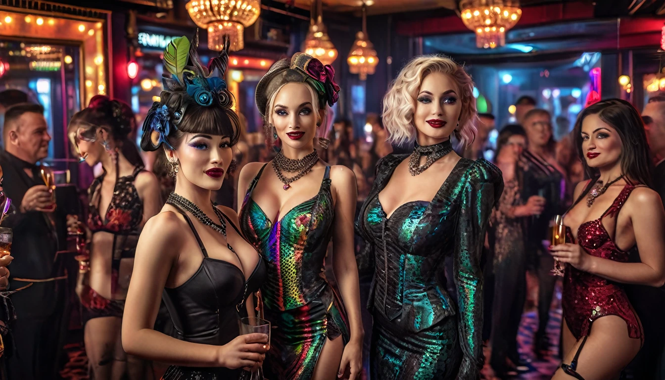 A middle-aged man having a splurge at a cabaret club surrounded by beautiful women. Full body, wide angle, 4K (man) high resolution, sharp focus, (ultra detailed, highly detailed), (photorealistic artwork: 1.37), (highly detailed CG Unity 8k wallpaper), ((vibrant colors, vibrant theme))), (intricate), (masterpiece), (best quality), art photography, (photo by sldr), (intricate background), perfectly rendered face, perfect facial details, realistic face, photorealistic, ((intricate details)), (((realism))), full body, wide field of view,