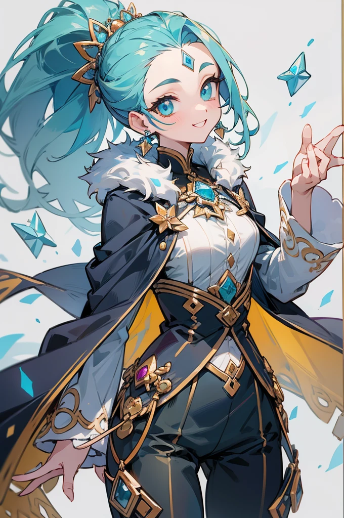 1girl, solo, looking at viewer, cowboy shot, standing, right smile, long hair, ponytail, long sideburns, ((forehead jewel)), hair ornament, (white background), jewelry, (cyan eyes), jewelry earrings, ((emerald hair)), particles, jewelry ornament, pants, long-sleeves, cape, fur trim, (masterpiece), (best quality), (ultra-detailed), (illustration:1.2), (perfect hands:1.4, two legs), perfectly structured, natural proportions, extremely detailed beautiful anime face,