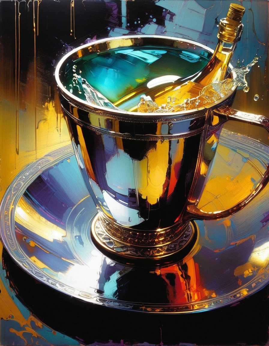 luxurious metalic cup of liquor (art inspired in Bill Sienkiewicz). oil painting)
