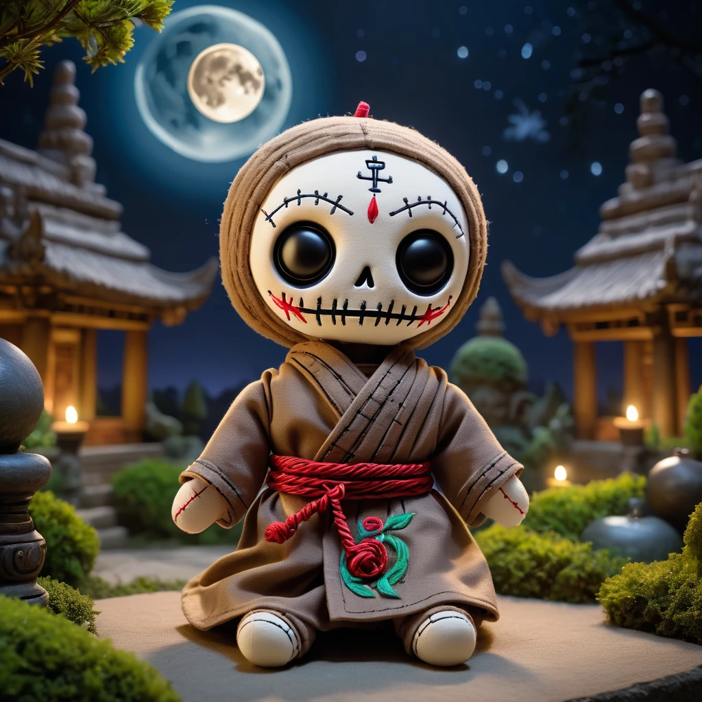 (knitted toy voodoo doll:1.6), (Voodoo Moon Monk:1.3), (Clothing simple, loose robes with the emblem of the moon:1.0), (in the background a tranquil temple garden under the light of the full moon:1.3), best quality, masterpiece, detailed soft oil painting, detailed background, dramatic cinematic lighting, soft edge lighting, professional, dramatic lighting, hard edge lighting, ultra quality, 4k, masterpiece, best quality, 8k, ultra high definition, high resolution, extremely detailed