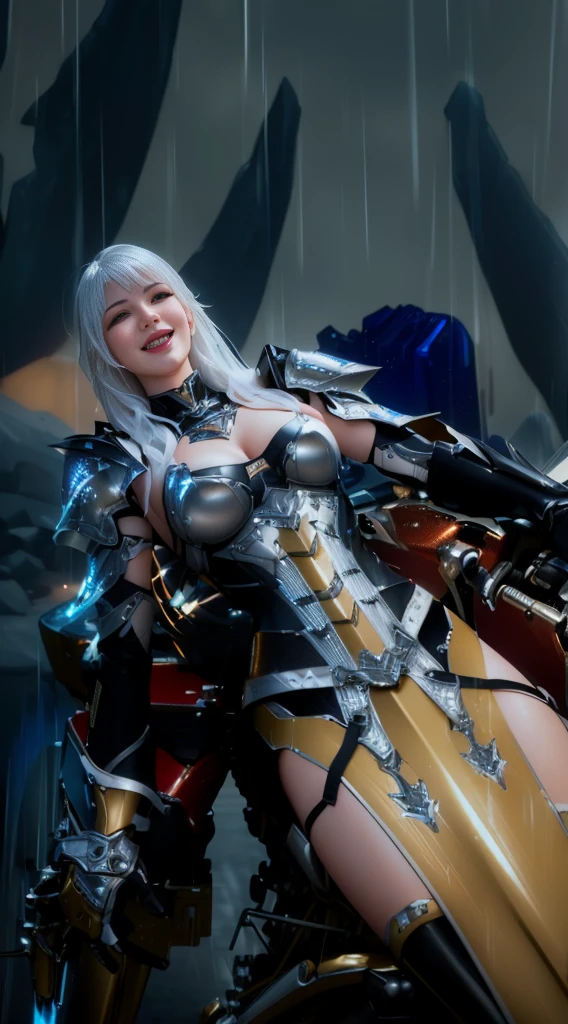 a woman in the rain sitting on a motorcycle, 8k detailed character, 3d rendered character art 8k, from ncsoft, bikini armor female knight, silver icy reflective armor, a beautiful female battle armor, 8k octane render photo, unreal engine rendering + goddess, laughing