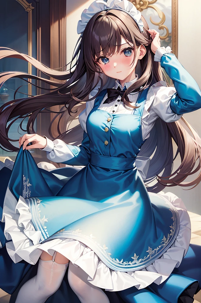 masterpiece, best quality,1girl, solo,whtie hair,medium hair,blue eyes,long sleeves,juliet sleeves,apron,maid,maid headdress,puffy sleeves,green dress,vest,buttons, white thighhighs,standing, looking at viewer, nose blush,
