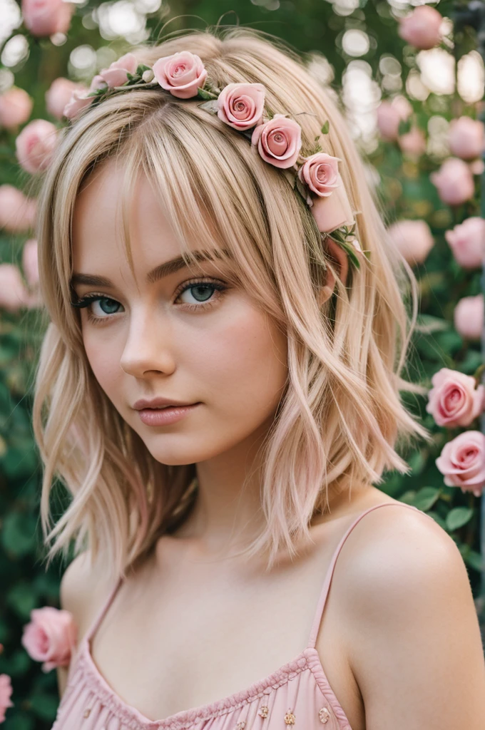 8k, photo and gross, fujifilm, Photograph of the young goddess Athena as Avril in a light pink rose garden. (very detailed skin: 1.2) Style-Petal BREAK short hair, blonde hair with colored highlights, wearing a dress, film grain, 35mm, beautiful style