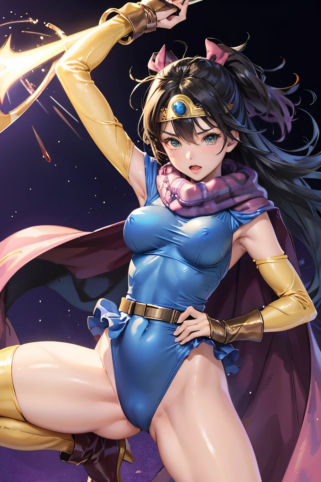 (((SFW、sound、Highest quality、first-class、masterpiece、Normal body、8K、Detailed face、Ultra-precision、Normal hand、Normal finger、5Finger、Highest)))、beautiful girl、Green Hair、Small breasts、Shortcuts、White ultra-high-leg retard、Super risqué leotard、Ultra-thin leotard、Super sheer leotard、Super sheer、Super tight、Super tight、Super bite、No sleeve、Waist belt、Red cloak、Circlet、Legendary Sword、DRAGON QUEST、Female Hero、In combat、Combat Ready、Lightning Slash、incantation、Gigadein、Thunder Magic、Spread your legs wide、Super desire to lose、Immoral、Ultra-masochist、blush、Super Trance、Super nipple erection