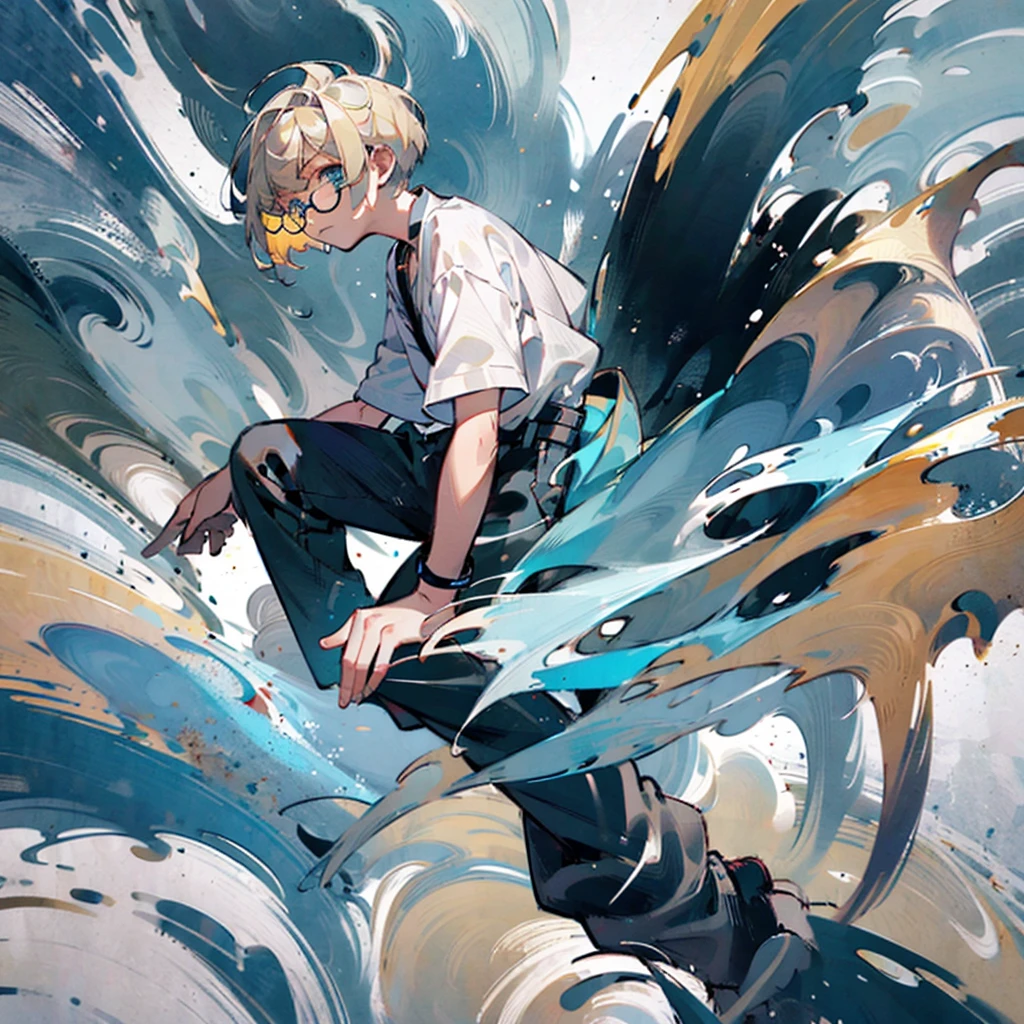 boy, blond, bob hairstyle, turquoise eyes, White shirt, black trousers, yellow round glasses, belted katana, boots on my feet