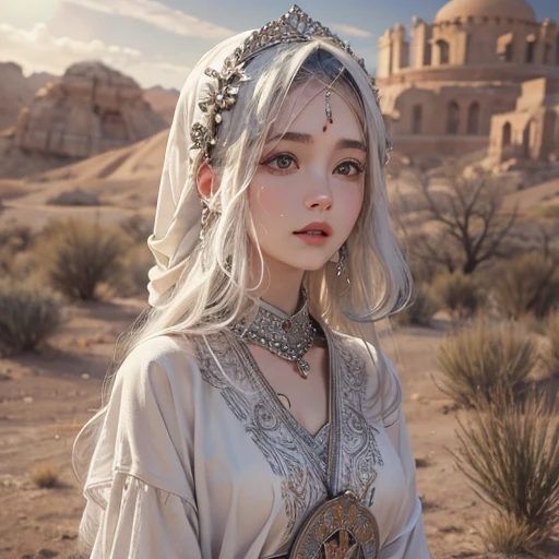 (Highest quality、masterpiece、8K、Best image quality、Ultra-high resolution、Award-winning works)、A beautiful white-haired woman watches over us from afar in the desert..., Where the moonlight shines.、Ancient Islamic clothing、Beautiful face drawn in every detail