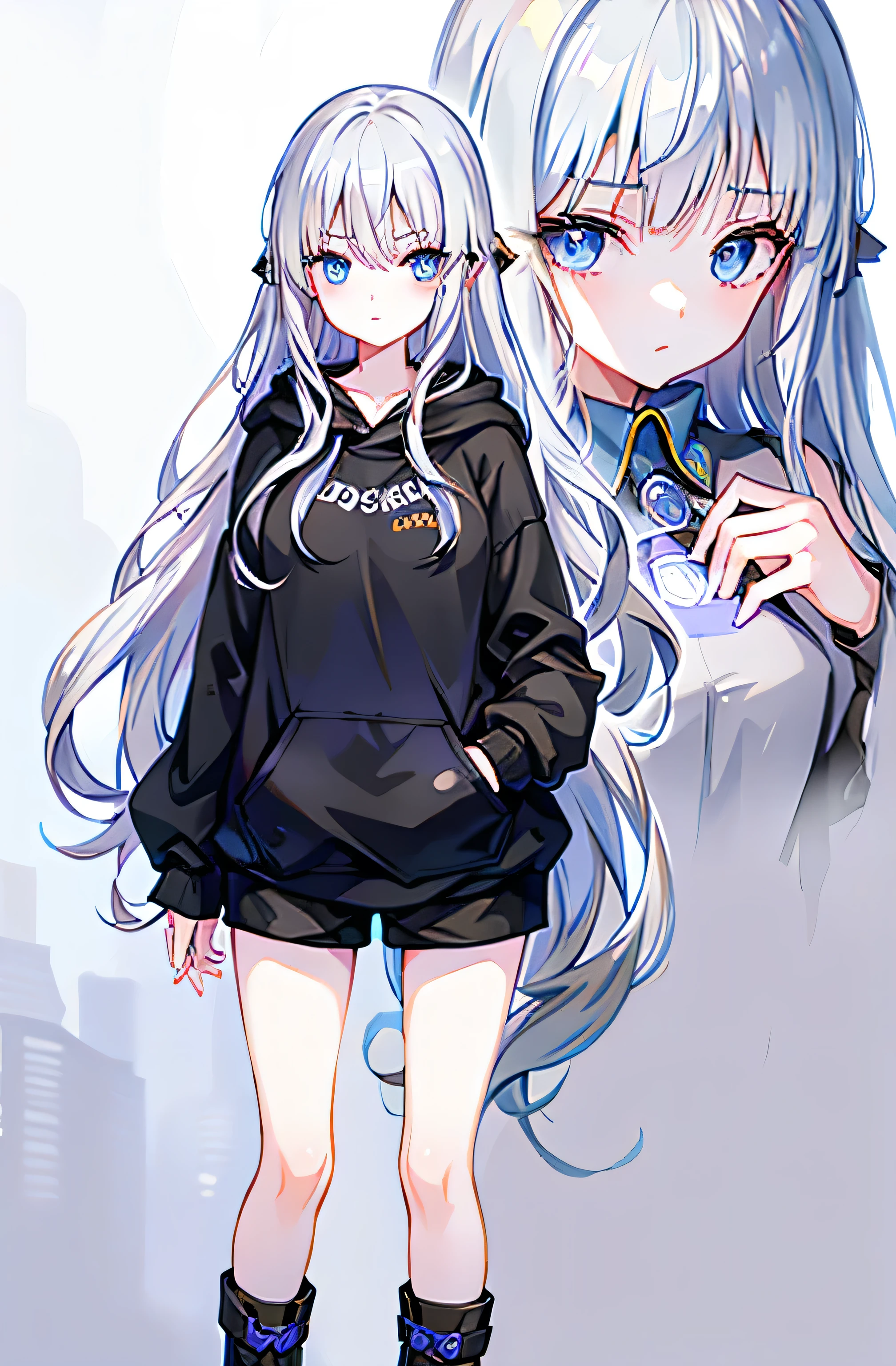 long hair，Long, blue-gray hair，Two moles under the eyes，Beautiful blue eyes，Detailed eyes，Detailed face，Large breasts，Black Hoodie、Thin legs，Long black boots、Black shorts