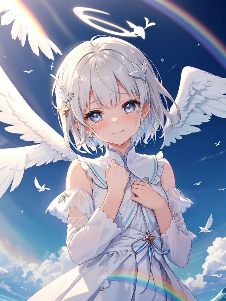 (((Extreme close-up tears smile Low - Angle Dove of peace Angel Halo))) ((輝くtears Rainbow Eyes Short Hair Receiving the light Rainbow light Place your hand on your chest)) (Shining Edge Pillar of Light)