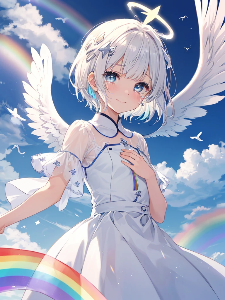 (((Extreme close-up　tears　smile　Low - Angle　Dove of peace　Angel Halo)))　((輝くtears　Rainbow Eyes　Short Hair　Receiving the light　Rainbow light　Place your hand on your chest))　(Shining Edge　　Pillar of Light)