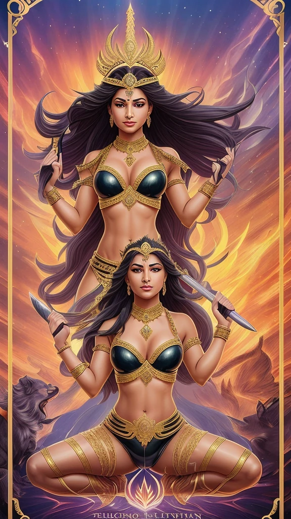 She stands as a fierce warrior goddess, her golden skin glowing with divine light. Her long, black hair flows freely, framing a face of intense determination. Her large, molten gold eyes blaze with controlled fury, brows furrowed, and lips slightly parted to reveal clenched teeth. Her expression is one of righteous anger, ready to confront and vanquish evil.

Adorned with an ornate crown set with jewels, she exudes regal authority. She wears a resplendent sari of white and red, symbolizing purity and valor, with shimmering gold embroidery. Golden bracelets and armlets decorate her multiple arms, each holding a weapon or symbol of power: a trident, discus, conch shell, lotus flower, bow, and sword, showcasing her readiness to protect and destroy evil from all directions.

She stands on a pedestal of lotus flowers, symbolizing purity and divine birth, surrounded by majestic lions that mirror her fierce strength. The background features a celestial sky with soft clouds and hints of lush greenery, indicating her divine connection to both heavens and earth.

Her overall presence blends beauty, strength, and divinity. Her angry expression, combined with her powerful stance and divine weapons, portrays her as a formidable force against evil, embodying ultimate power, justice, and protection.

She is a single woman.