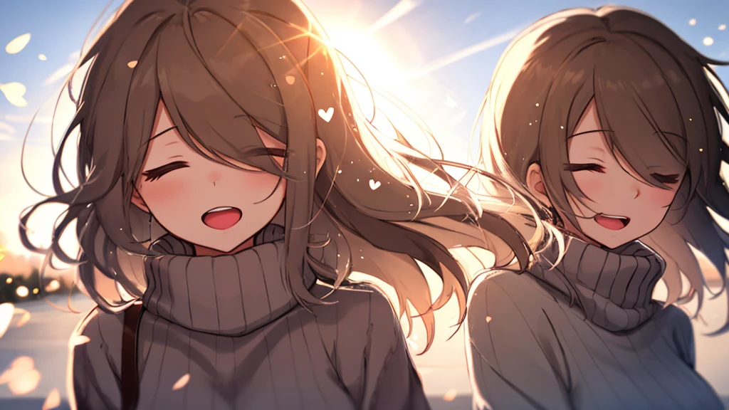 girl, Wear a cozy sweater, Upper Body, (LOL:1.1), (Open your mouth:1.1), (Eyes Wide Open:1.2), Sun glare, Bokeh, Depth of written boundary, Blurred Background, Particles of light, Strong winds, (Heart Particles:1.1)