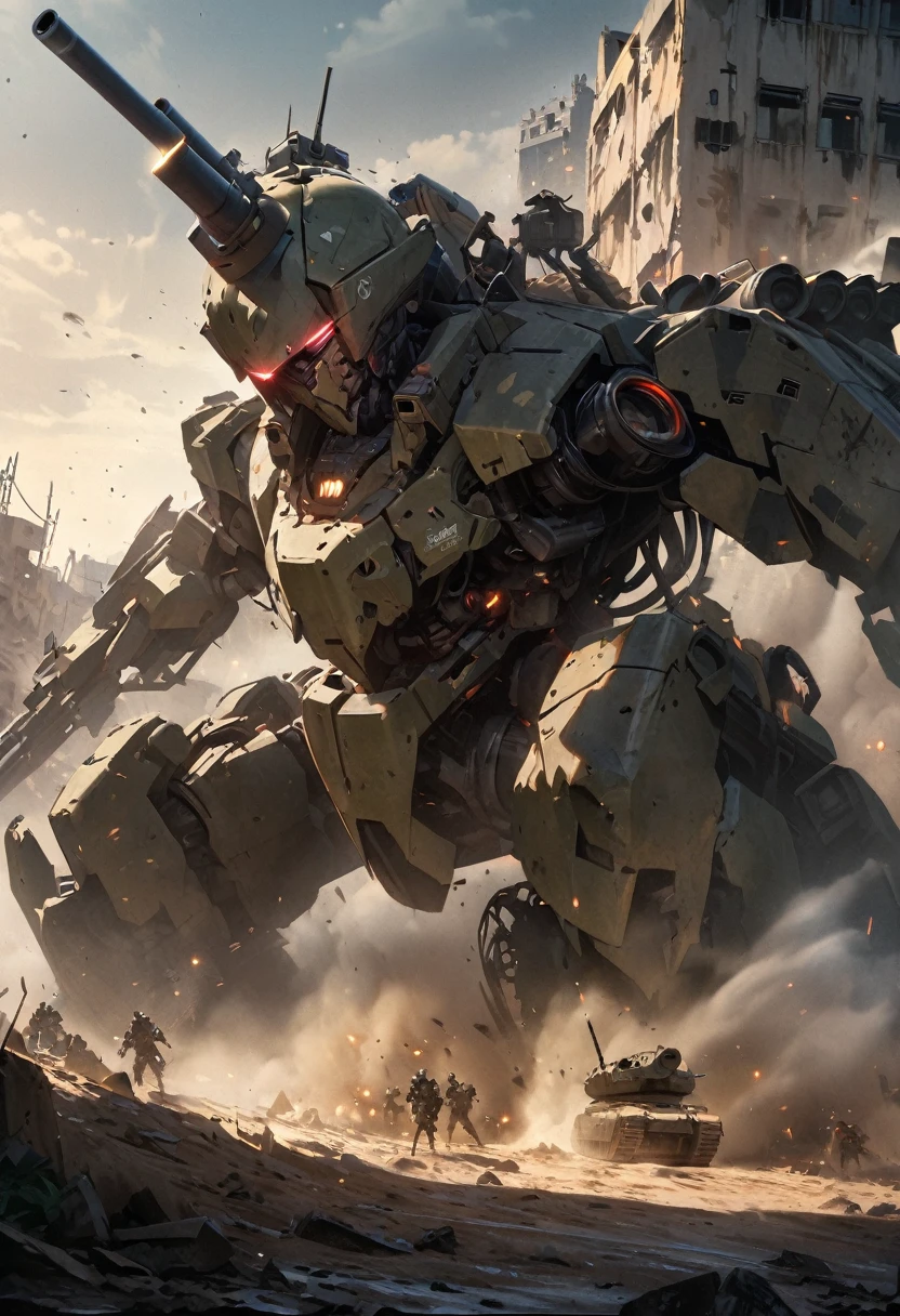 CG concept art、A multi-legged robot-like tank searching for enemies in a ruined city.(The tank is so low that it crawls on the ground with six legs1.2).The turret has a slightly longer barrel of 120 mm.A machine gun built into the side of the barrel,A robot head with two small eyes is attached to the turret.The eyes are red and serve as laser sights.It emits a laser sight towards the camera.The tank uses urban camouflage to blend in with the ruined town.Ruined town background during daytime,Debris is scattered,A mysterious atmosphere filled with smoke and fog,Tank wounds and battle dents,Expression of numerous bullet holes and mud stains,fear of battle, Dramatic background depiction, movie-like lighting, dramatic direction,Ultra-fine painting,(Super high quality, super high definition images, 4k,8k,masterpieces:1.2)ultra-definition,base lettering, bokeh