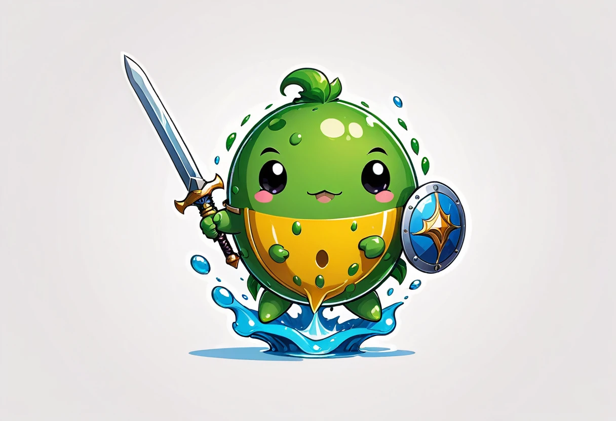 vector style, illustration, minimalist style, logo, cute style, cartoon style, round slime warrior with sword and shield, clear white background