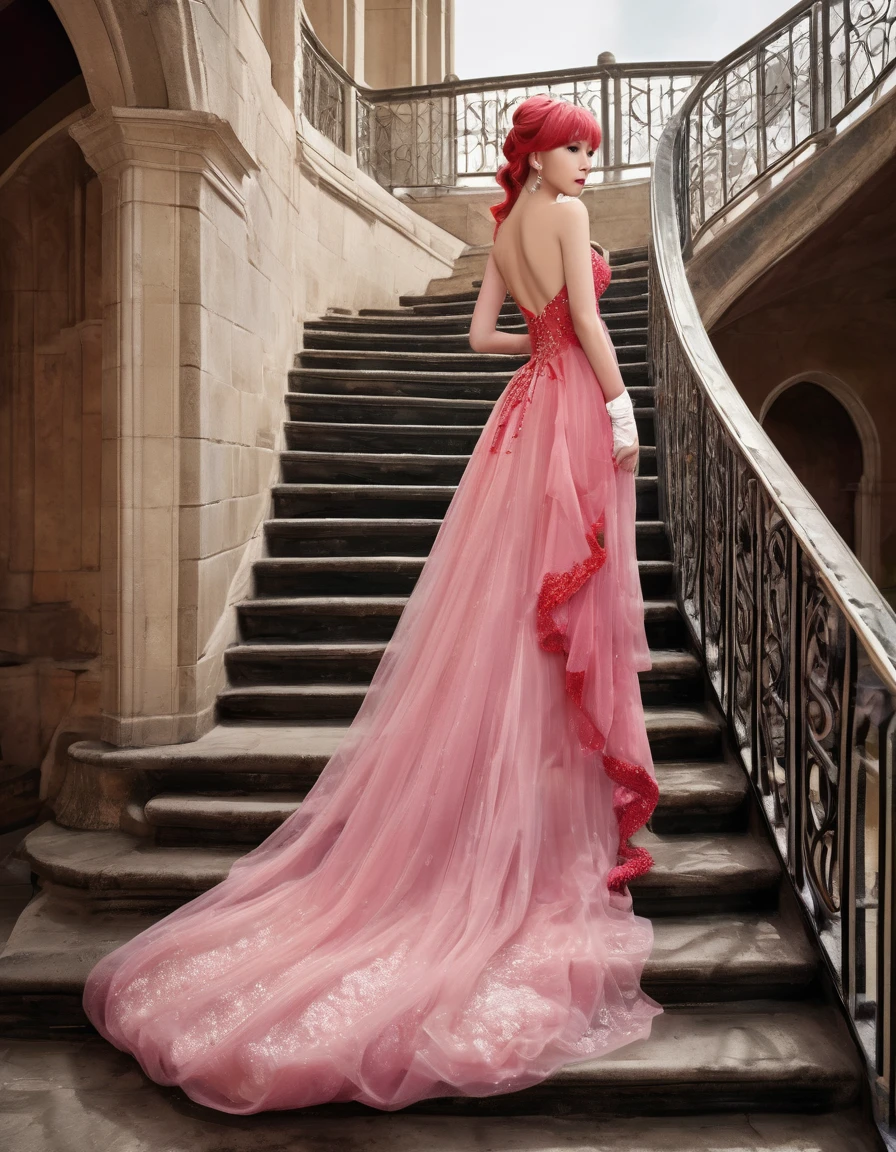 ((masterpiece, Highest quality, Best image quality, High resolution, Realistic, RAW Photos, 8K)), Woman in red evening dress, (Long pink hairhair tied back, Jeweled wig, Long gloves, Glass Slipper, Bare shoulders, Bare back), Looking back from halfway up the wide staircase leading to the castle, Look down,far away shot,widea angle taken
