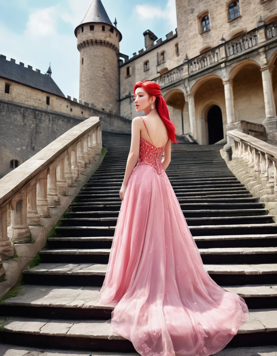((masterpiece, Highest quality, Best image quality, High resolution, Realistic, RAW Photos, 8K)), Woman in red evening dress, (Long pink hairhair tied back, Jeweled wig, Long gloves, Glass Slipper, Bare shoulders, Bare back), Looking back from halfway up the wide staircase leading to the castle, Look down,far away shot,widea angle taken
