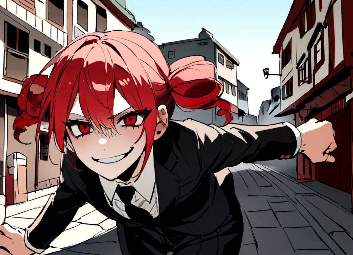 Red hair、Black suit、Black slacks、Wearing leather shoes、Have a hammer、Scary smile、In town、Daytime