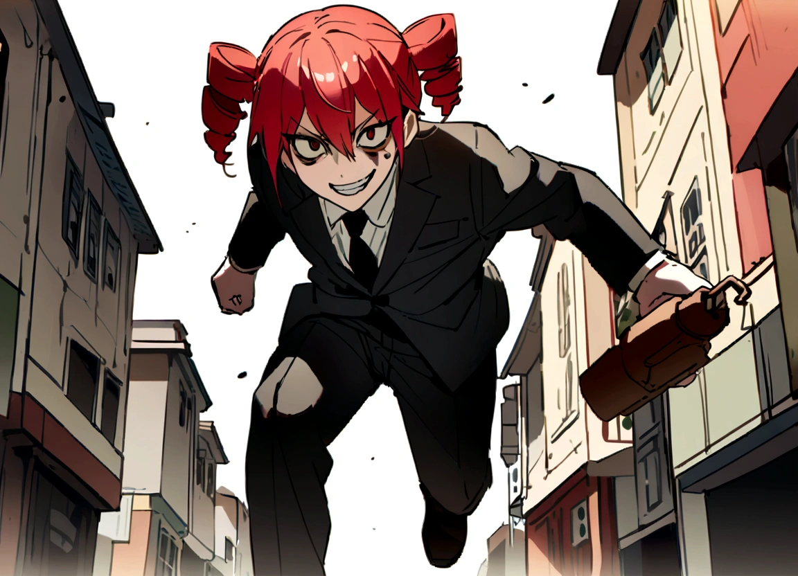 Red hair、Black suit、Black slacks、Wearing leather shoes、Have a hammer、Scary smile、In town、Daytime