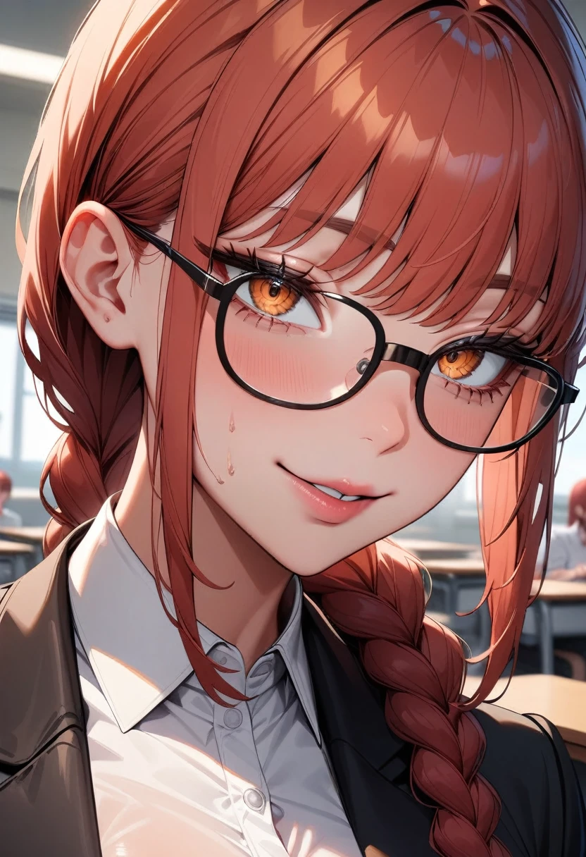 1girl,solo,makima \(chainsaw man\), chainsaw man
,super detailed skin,shiny skin,oily skin,seductive smile,eyelashes,lips gloss,red hair,sidelocks,a braid,glasses,large breasts,,standing,classroom,masterpiece,best quality,ultra detailed,high resolution,sharp focus,depth of field