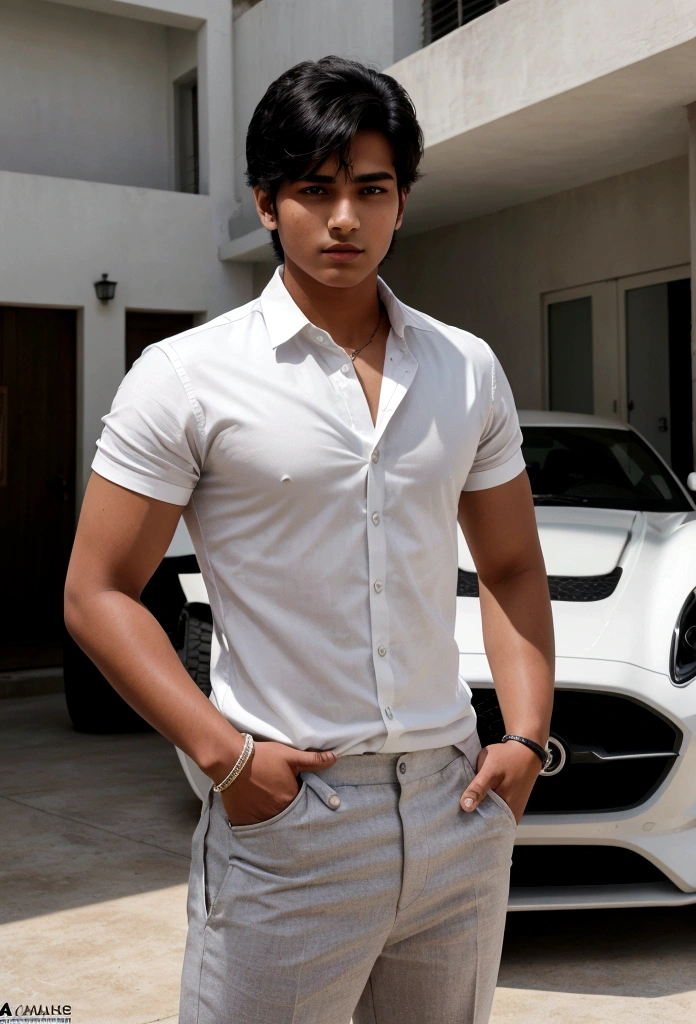 A 18 years old Indian bihari boy, white skin, black short hair, wearing formal white shirt gray pant, stand next to the sport car, motion blur, drop shadow, speed lines, 8k, 16k, 1080P, HD, highres, best quality, award winning, high quality, high details, super detail, anatomically correct