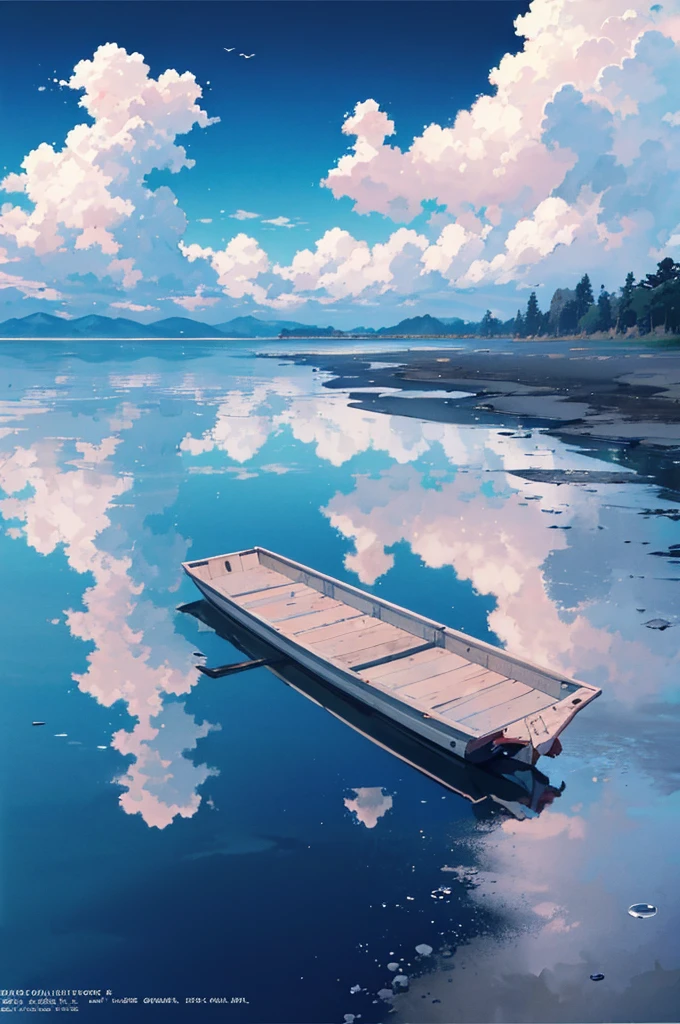 MKSKS style, (flat_Color, 2D, Pastel_Style), Official artwork, (Blue_Theme:1.2), Clouds, Niconico, offical wallpaper, (partly_Colored:0.5), (Traditional media:0.5), (Wide_Shot:1.3)
break
cloudy_sky, (Reflective_water:1.3), scenic, sky, water, (Ripples:0.5), Reflection, Wind, (Cinematic:1.2), (horizon:1.3), Shallow_water,