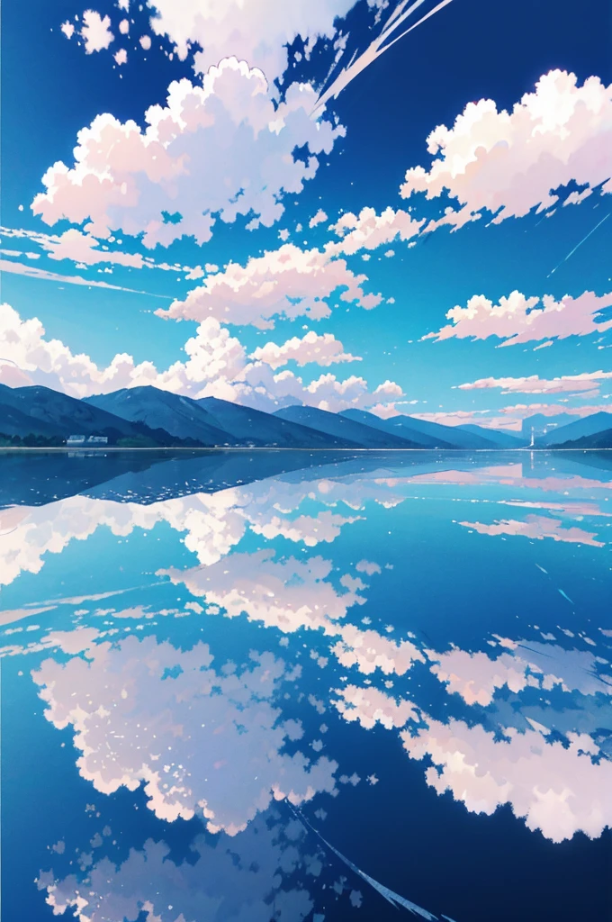 MKSKS style, (flat_Color, 2D, Pastel_Style), Official artwork, (Blue_Theme:1.2), Clouds, Niconico, offical wallpaper, (partly_Colored:0.5), (Traditional media:0.5), (Wide_Shot:1.3)
break
cloudy_sky, (Reflective_water:1.3), scenic, sky, water, (Ripples:0.5), Reflection, Wind, (Cinematic:1.2), (horizon:1.3), Shallow_water,