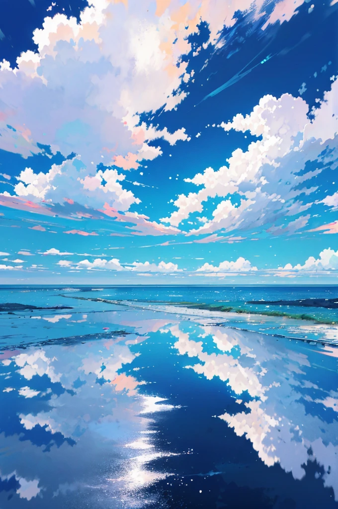 MKSKS style, (flat_Color, 2D, Pastel_Style), Official artwork, (Blue_Theme:1.2), Clouds, Niconico, offical wallpaper, (partly_Colored:0.5), (Traditional media:0.5), (Wide_Shot:1.3)
break
cloudy_sky, (Reflective_water:1.3), scenic, sky, water, (Ripples:0.5), Reflection, Wind, (Cinematic:1.2), (horizon:1.3), Shallow_water,