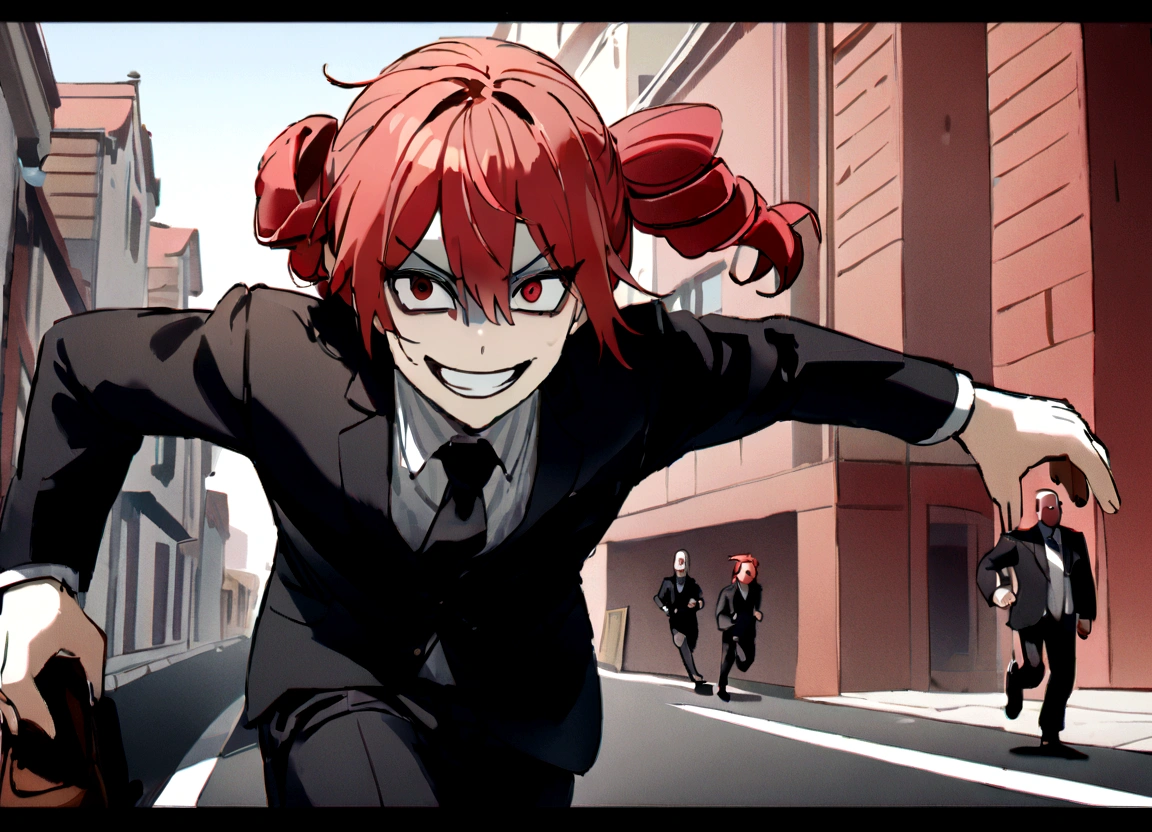 Red hair、Black suit、Black slacks、Wearing leather shoes、Have a hammer、Scary smile、In town、Daytime、running