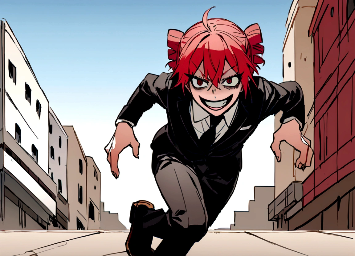 Red hair、Black suit、Black slacks、Wearing leather shoes、Have a hammer、Scary smile、In town、Daytime、running