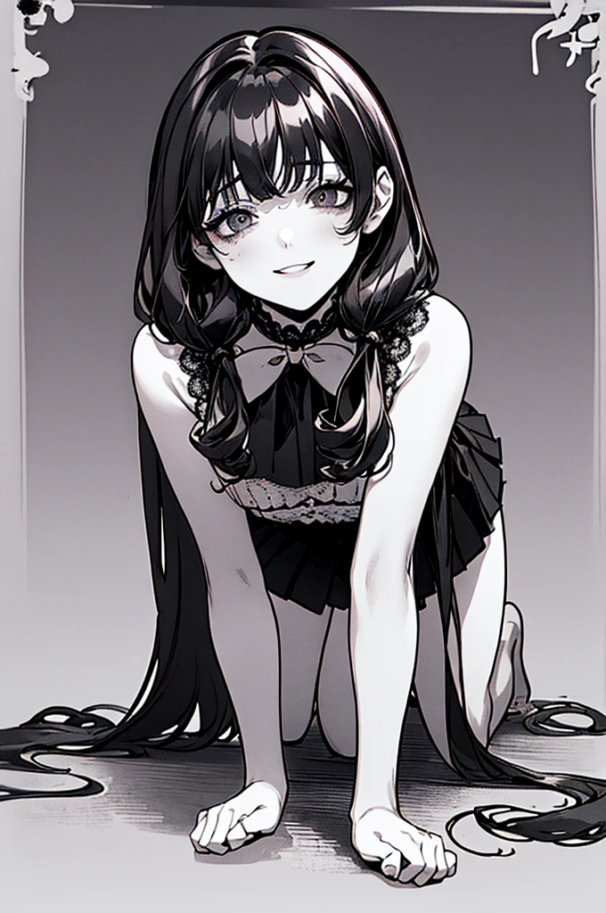 Top quality, (background detail), curly eyes, on all fours, full body, twin tails, looking down, (underwear), high contrast, super beautiful, detailed original illustration, sensual, delicate face, charm point, bad boy, sexy, looking at camera, real bust, stalker, crazy smile, White, bloody, black hair, beautiful line drawing