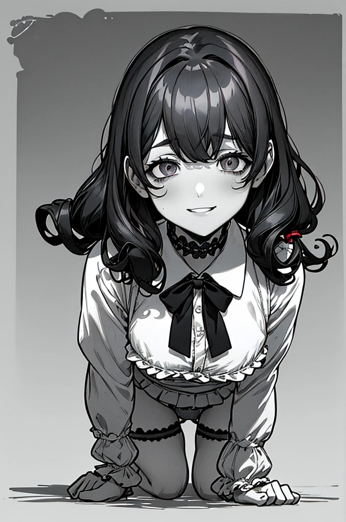 Top quality, (background detail), curly eyes, on all fours, full body, twin tails, looking down, (underwear), high contrast, super beautiful, detailed original illustration, sensual, delicate face, charm point, bad boy, sexy, looking at camera, real bust, stalker, crazy smile, White, bloody, black hair, beautiful line drawing