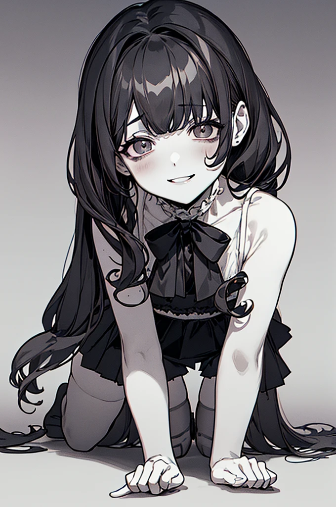 Top quality, (background detail), curly eyes, on all fours, full body, twin tails, looking down, (underwear), high contrast, super beautiful, detailed original illustration, sensual, delicate face, charm point, bad boy, sexy, looking at camera, real bust, stalker, crazy smile, White, bloody, black hair, beautiful line drawing