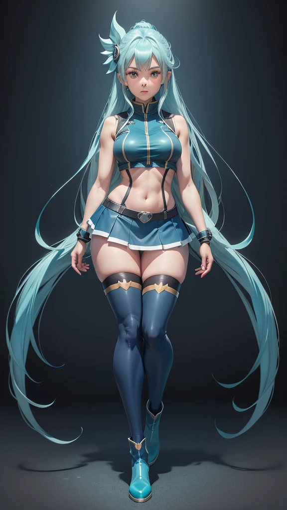 Super detailed, NSFW, masterpiece, High resolution, Photorealistic digital art, perfect lighting, (((1 girl, perfect anatomy))), accurate right hand, accurate left hand, five fingers, perfect style, (((hatsune miku,))) 3d face, big light blue-green eyes, glossy lips, blue-green long hair, shiny skin, A relaxed smile, (((twin tails))), big square hair accessories, (Chun Li), Blue fighting suit, outdoor, Street Fight, Dynamic pose, View from below,