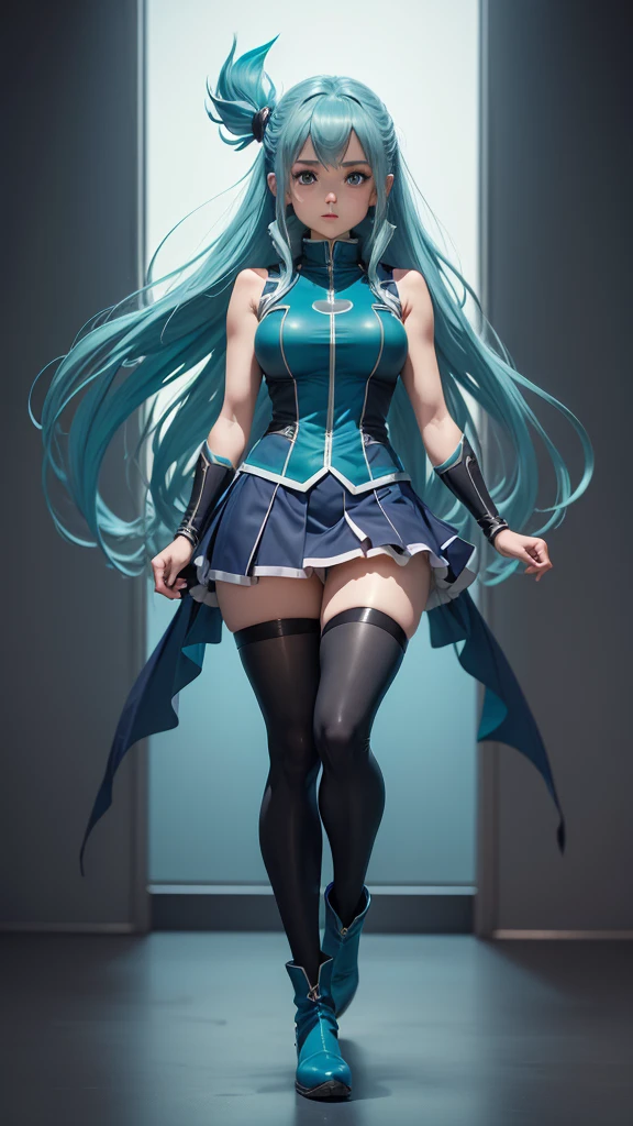 full body length, aesthetic anatomy, Aqua girl from KonoSuba's anime, tight sleeveless dark blue vest, swipe dark blue skirt, hightights dark blue boots, dynamic angle, highly detailed, natural details, masterpiece, 4K quality, 8k resolution