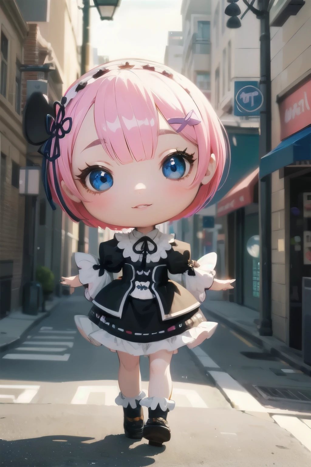 beautiful detailed eyes, beautiful detailed lips, extremely detailed eyes and face, long eyelashes, 1girl, chibi, kawaii, cute, , photo-realistic, hyperrealistic, street fashion, cosplay, rem from re:zero, full body, smiling, fantasy, fantasy art, digital painting, cinematic lighting, dramatic lighting, vibrant colors, highly detailed, sharp focus, volumetric lighting, photorealistic, 8k, best quality, masterpiece