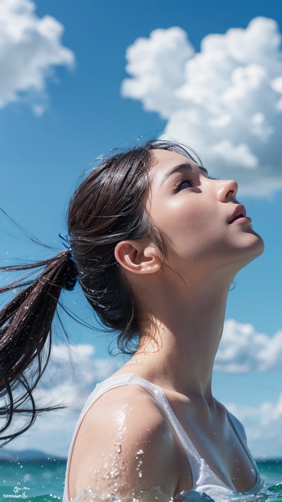 water, Wet, waterしぶき, liquid, sunny, Day, blue sky, cloud, nature, nature環境, (Character Focus:1.1), Sharp focus, Realistic, Very detailed, Super detailed, Highest quality, Highest quality, Realistic lighting, Super detailedな, Hyperrealism, Greg Rutkowski