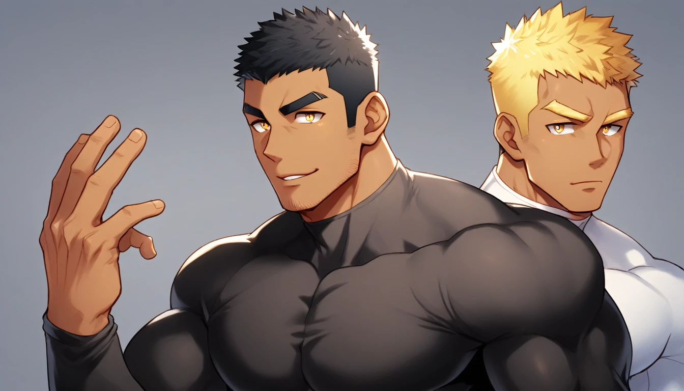 anime characters:Gyee, Muscle Sports Student, negro black skin, 1 dark skin muscular tough guy, Manliness, male focus, Light yellow high collar long sleeve tight T-shirt, Slightly transparent material, Very tight, Round, full and perky chest muscles, Slightly transparent, muscular male, muscular, only, Upper body, alone, Black short hair, Thick eyebrows, stubble, Yellow eyes, Grey background, simple background, amazing quality, best aesthetics, Ridiculous, bright pupils, crew cut, parted lips, seductive smile, torogao, naughty face, drop shadow, best quality