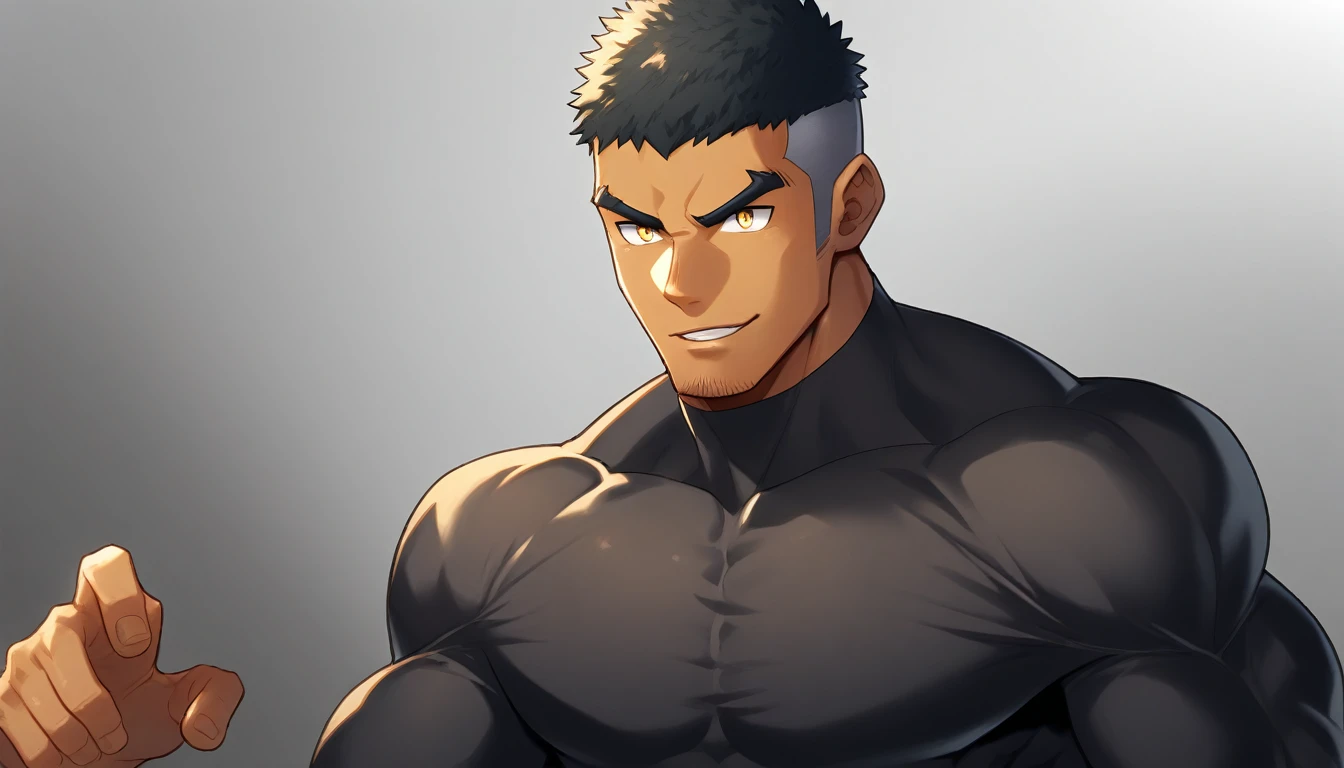 anime characters:Gyee, Muscle Sports Student, negro black skin, 1 dark skin muscular tough guy, Manliness, male focus, Light yellow high collar long sleeve tight T-shirt, Slightly transparent material, Very tight, Round, full and perky chest muscles, Slightly transparent, muscular male, muscular, only, Upper body, alone, Black short hair, Thick eyebrows, stubble, Yellow eyes, Grey background, simple background, amazing quality, best aesthetics, Ridiculous, bright pupils, crew cut, parted lips, seductive smile, torogao, naughty face, drop shadow, best quality